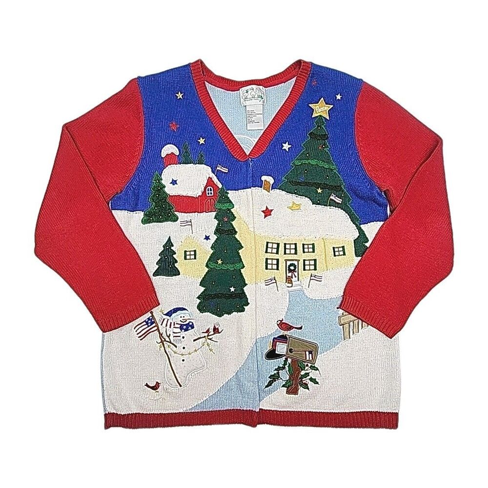 Quacker Factory Sweater Cardigan Women Sz Large Christmas Flag Angel QVC A32231